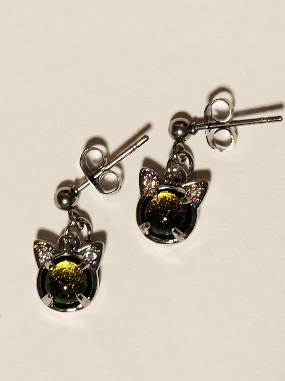 Cat Ear Dangle Stud Earrings in Yellow-Green Glitter - Handmade